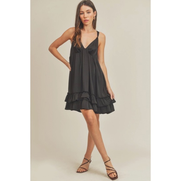SOLD OUT Sonia - Black Tiered Ruffled Hem Flirty Slip Mini Dress - Picture 3 of 6